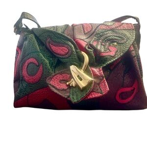 80s 90s Vintage Nas Alentino Pink & Green Croc Emobossed Patchwork Shoulder Bag